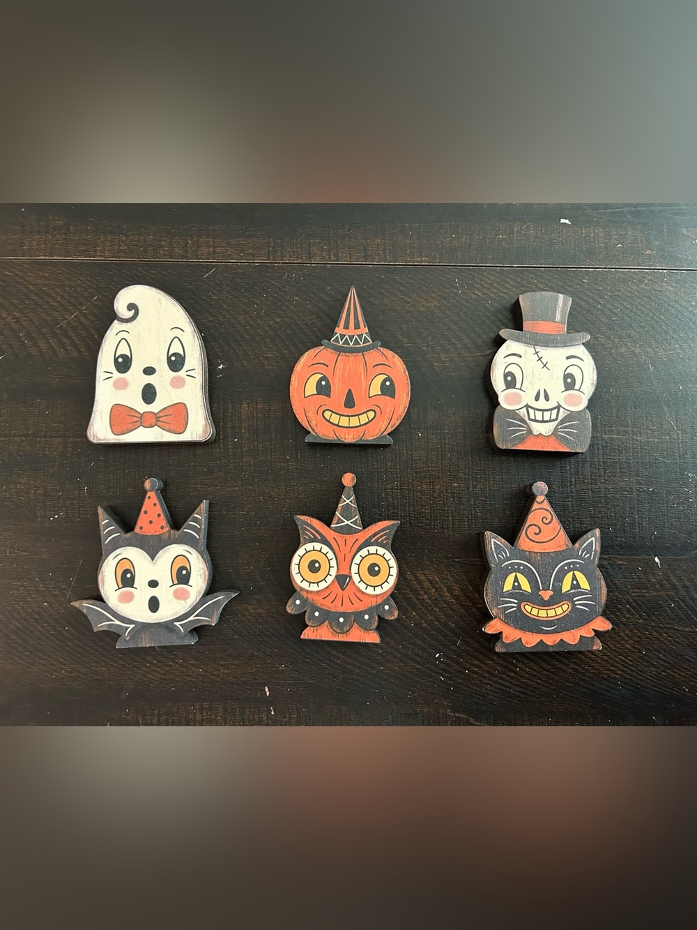 Set of six retro-style wooden Halloween block figurines